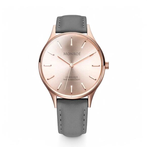 Monroe Classique Watch Sunburst Solerose Gray Leather Band Rose Gold Face - Picture 1 of 6